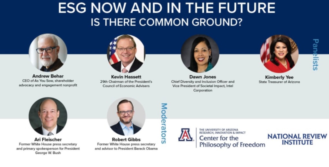 "ESG Now and in the Future, is there a common ground?" poster displaying the four panelists and two moderators  