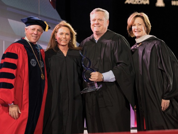 UA President Robert C. Robbins, Sharon and Jeff Stevens, and Melinda Burke