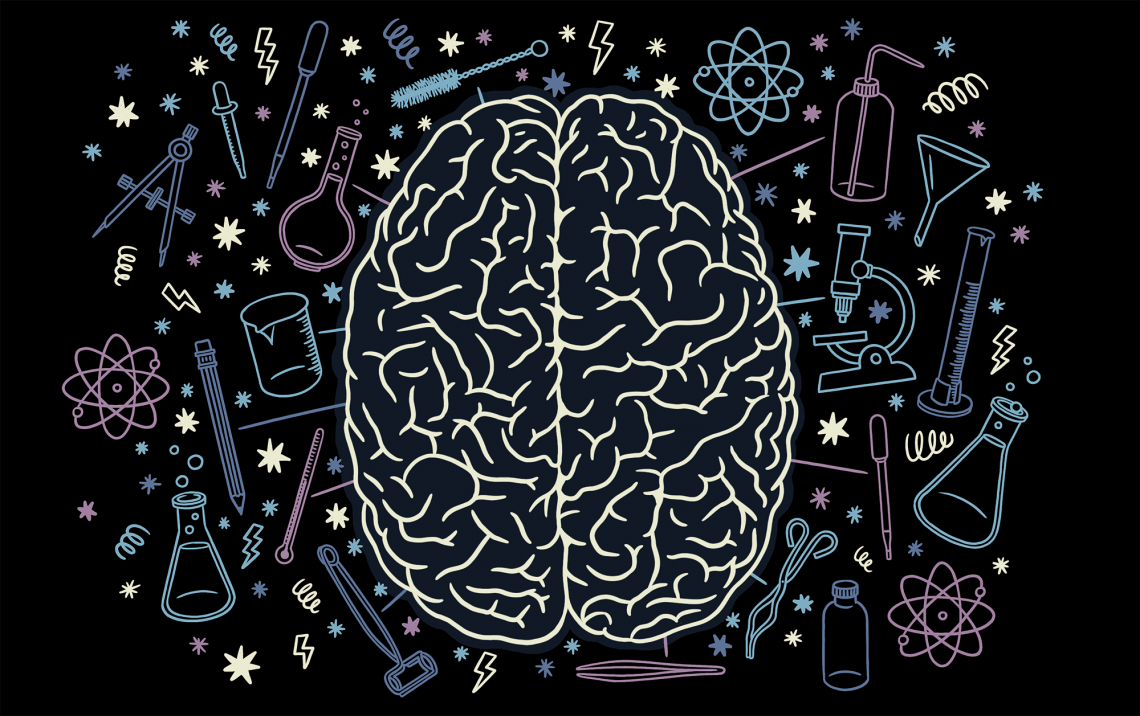 An illustration of a brain, surrounded by scientific materials and stars
