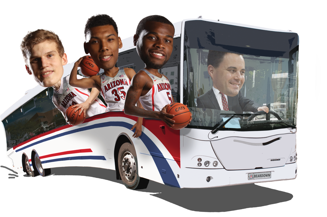 A comical art rendering of basketball coach, Sean Miller and three players with bobble heads inside a tour bus