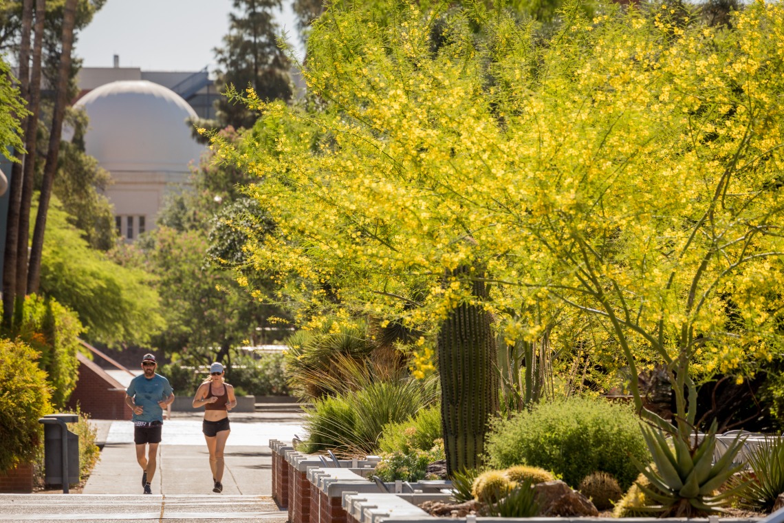 A photograph of two individuals running through campus 