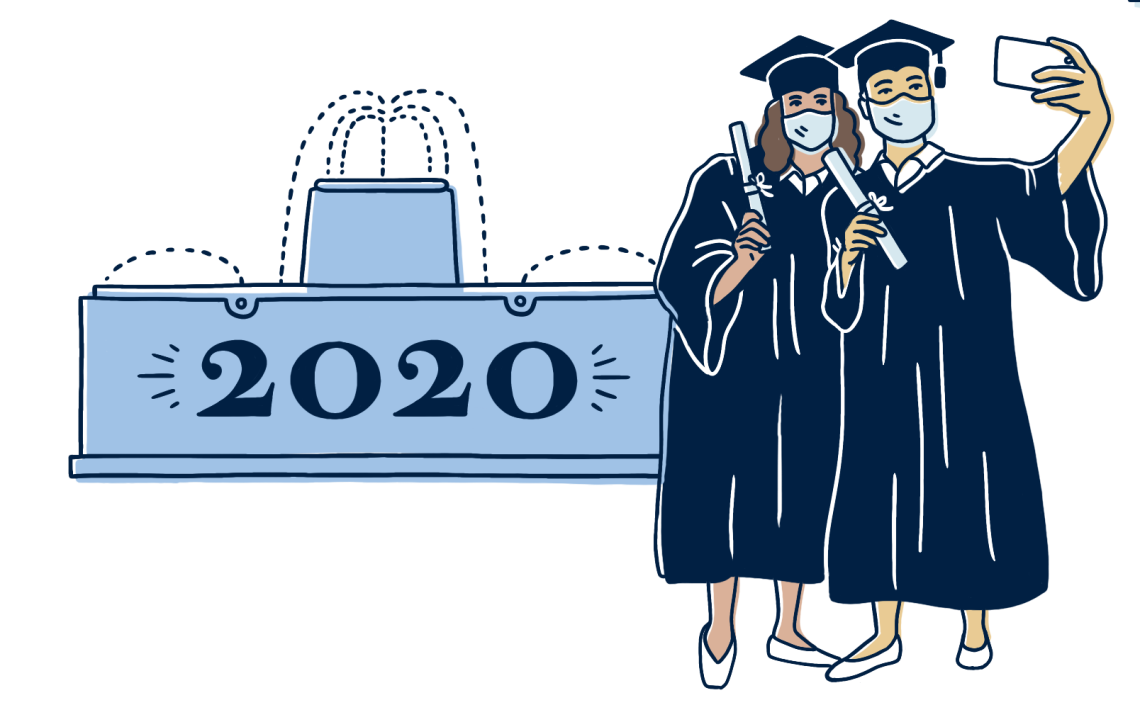 An illustration of graduates posing by a "2020" fountain 