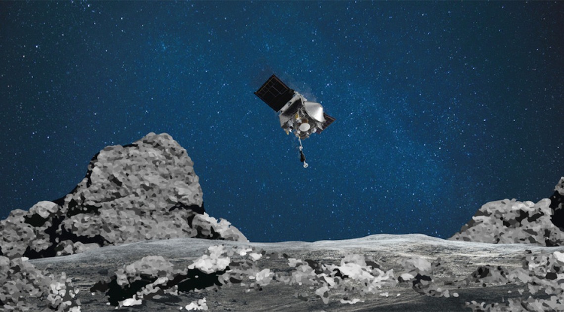 An artist’s concept shows NASA’s OSIRIS-REx spacecraft descending toward asteroid Bennu to collect a sample of the asteroid’s surface.