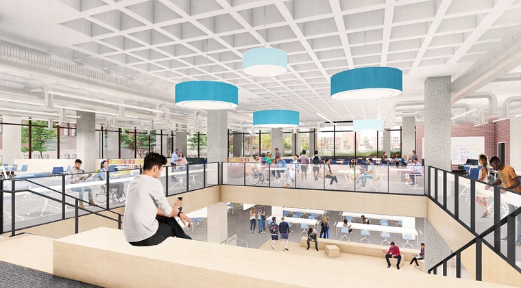 A rendering of the Main Library, depicting students sitting and studying