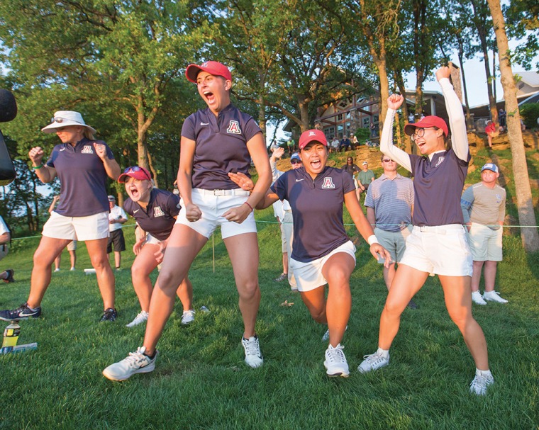 A photograph of the UA women's golf team celebrating