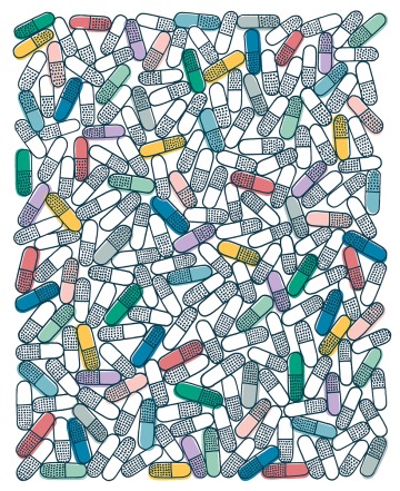 A photograph of different colored pills 